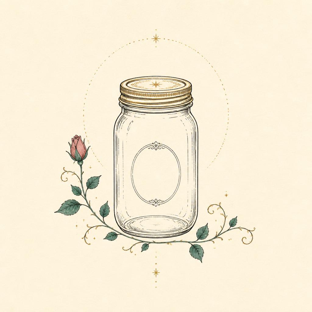 Illustration : un bocal en verre vide entouré de fleurs et de feuilles.