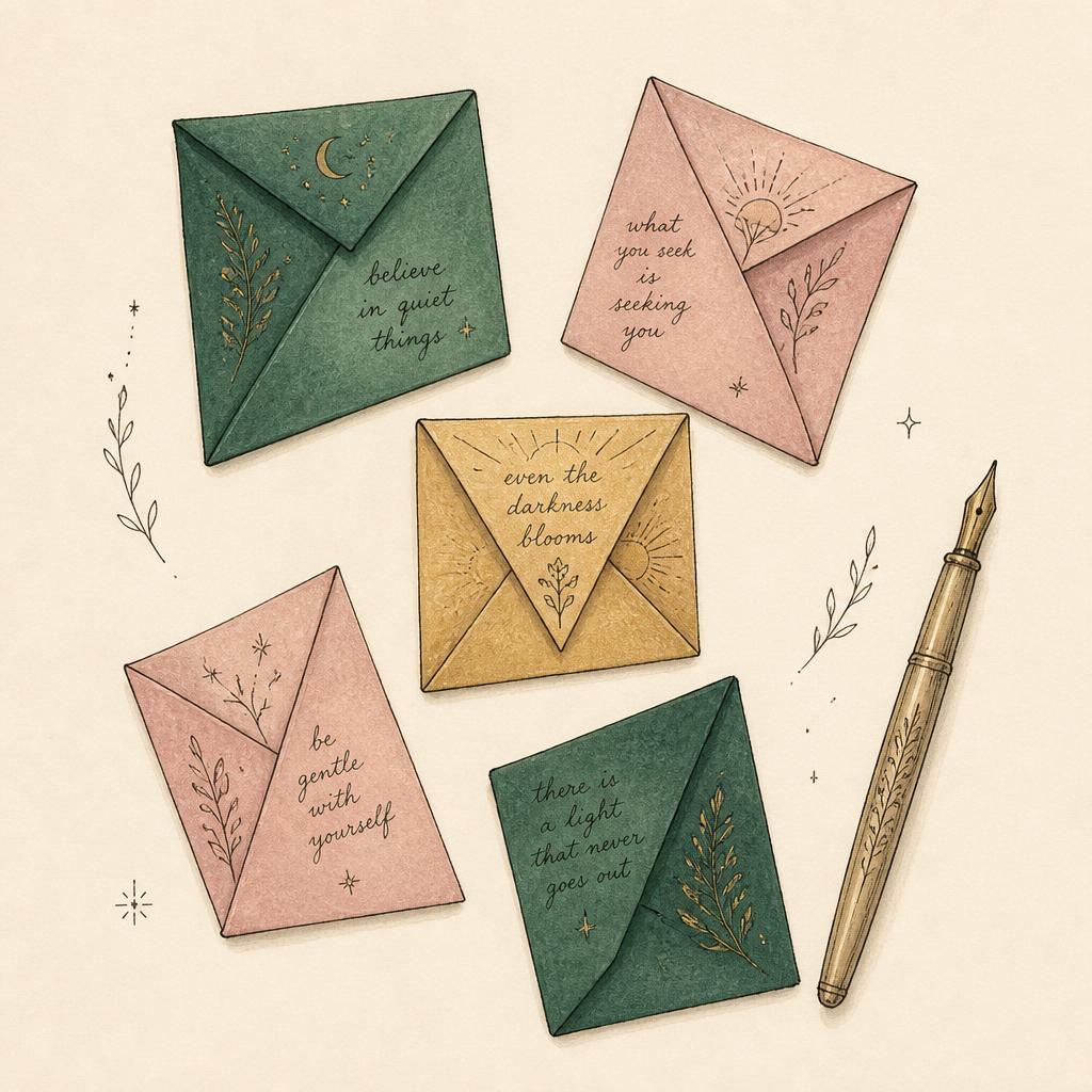 Illustration : petits papiers colorés pliés en origami avec une plume.